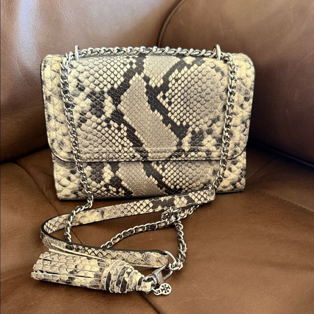 Tory Burch Black/Grey Python Embossed Leather Fri… - image 1